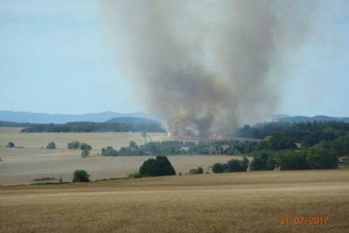 Foto: Požár pole u Zhoře hasilo deset jednotek hasičů. Do lesa se nerozšířil