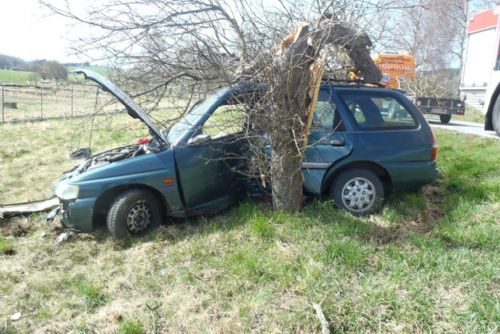 Foto: V Horažďovicích narazil řidič do stromu, ten pak hasiči rozřezali