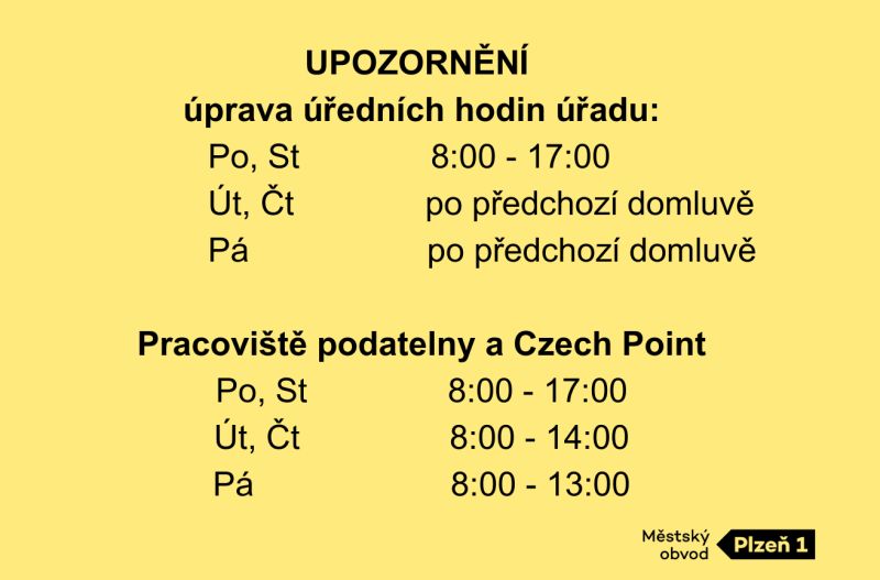 Upozornění: Úprava úředních hodin úřadu