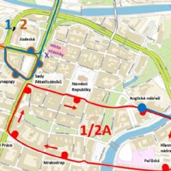 Výluka na tramvajových tratích č. 1 a 2 v úseku sady Pětatřicátníků – Anglické nábřeží